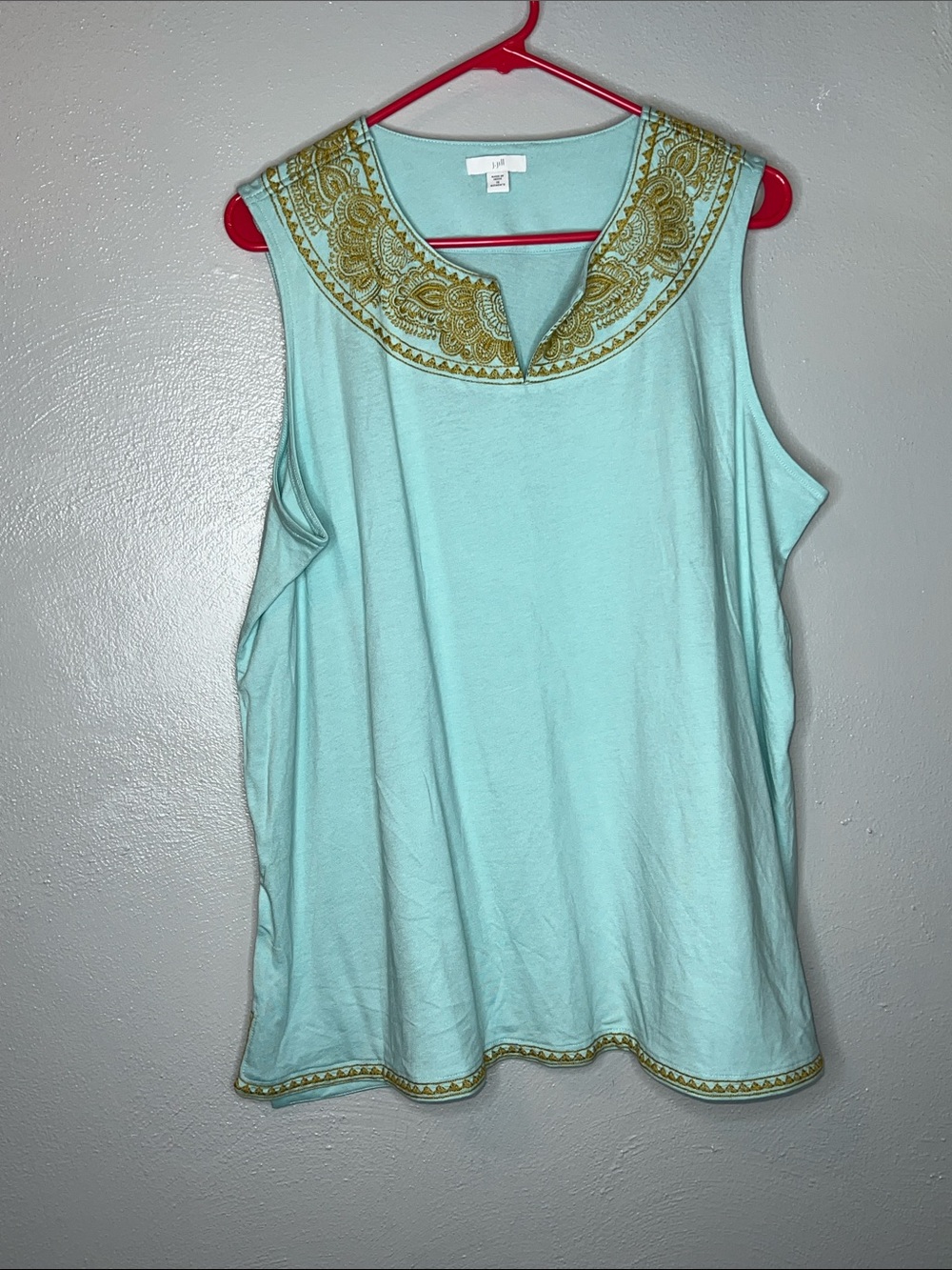 J.Jill Aqua Sleeveless Tank with Gold Embroidered Collar